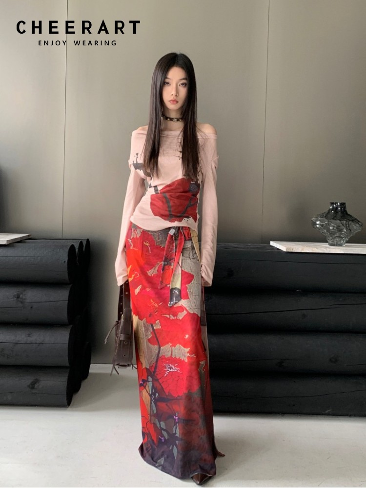 Summer Clothing Wraps - CHEERART Vintage สีแดงตาข่ายกระโปรงยาวผู้หญิง Lace Up Maxi
