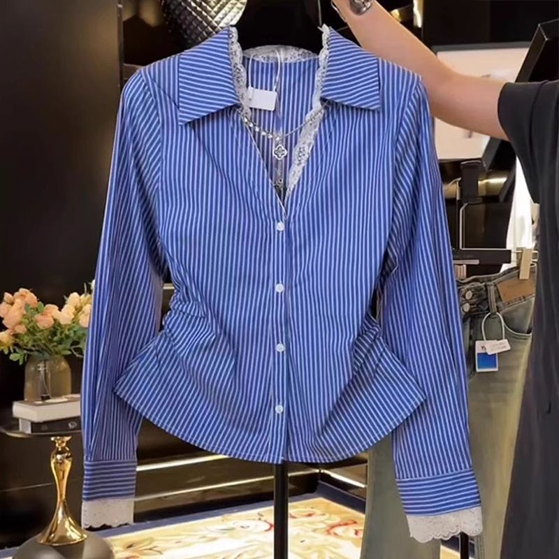 Summer Clothing Trends For Women - Elegant Lace Patchwork จีบ Slim เสื้อฤดูใบไม้ผลิฤดูใบไม้ร่วงโปโลคอลายเสื้อ