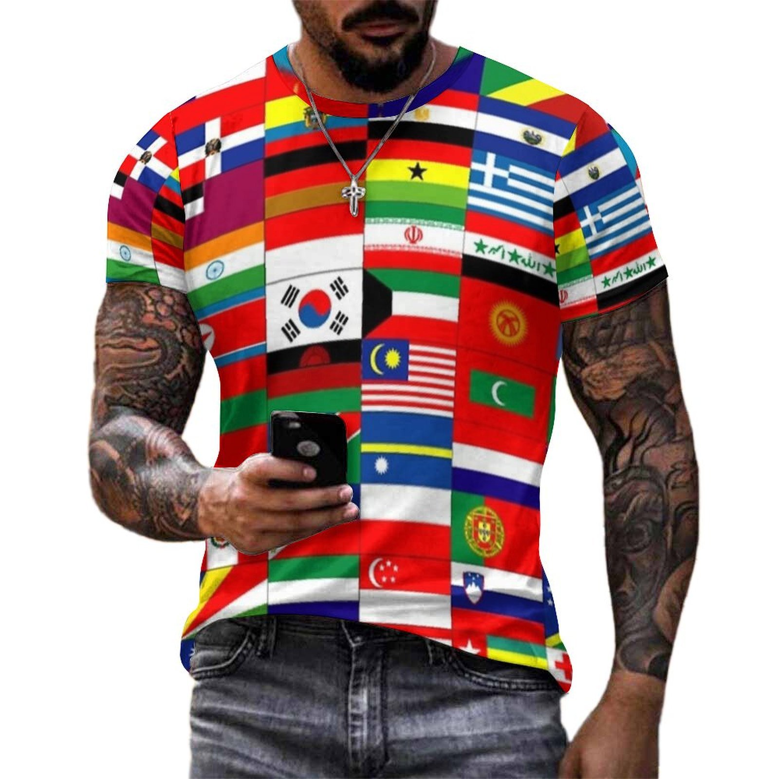 Summer Clothing Ideas Men - เสื้อยืดพิมพ์ลายคอลลาจธงตารางสำหรับผู้ชาย เสื้อยืดคอกลมสั่งทำพิเศษ เสื้อผ้าสไตล์เรโทรสำหรับฤดูร้อน เสื้อยืดแขนสั้นพื้นฐาน ไซส์ใหญ่ ไอเดียของขวัญ