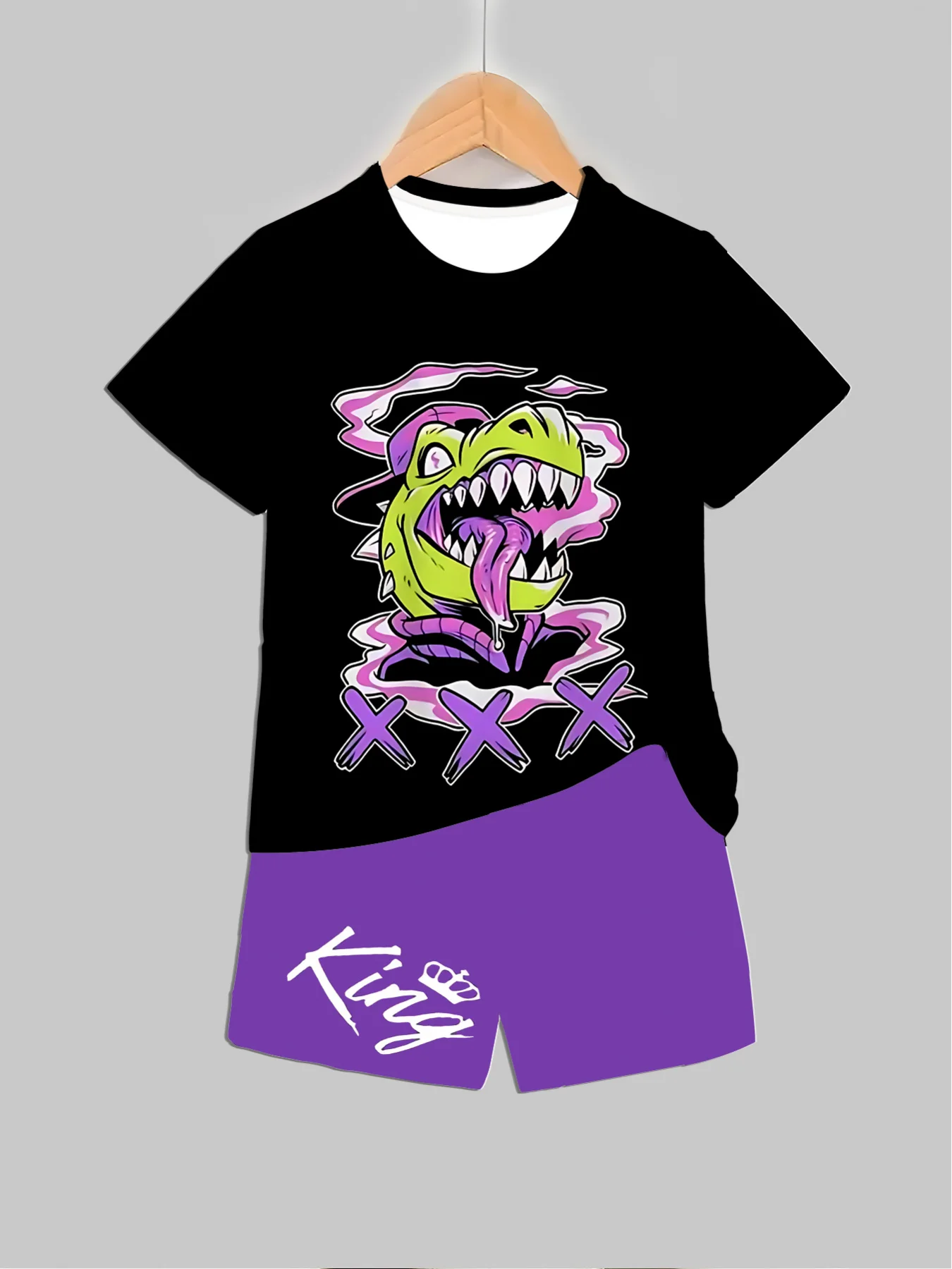Summer Clothing For Girls - ชุดเสื้อผ้าพิมพ์ลายไดโนเสาร์ใหม่ เสื้อ+กางเกงขาสั้น 2 ชิ้น สำหรับฤดูร้อน ชุดเสื้อผ้าเด็กชายหญิง
