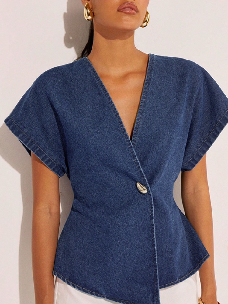 Summer Clothing Wraps - เสื้อเดนิมสีน้ำเงินเข้มสำหรับผู้หญิง ปี 2026 เสื้อผ้าผู้หญิง คอวี แขนสั้น