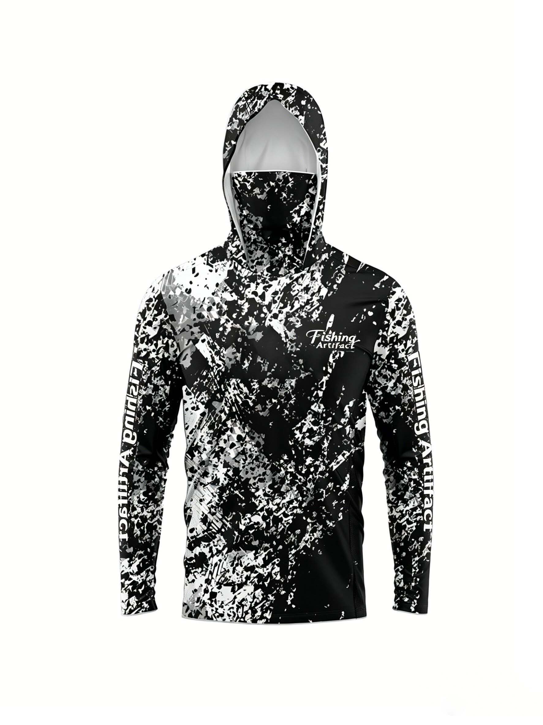 Summer Clothing Mens - เสื้อฮู้ดตกปลาสำหรับผู้ชายลายพิมพ์ 3D พร้อมหน้ากาก ลายพรางสีดำขาว แห้งเร็ว ระบายอากาศได้ดี