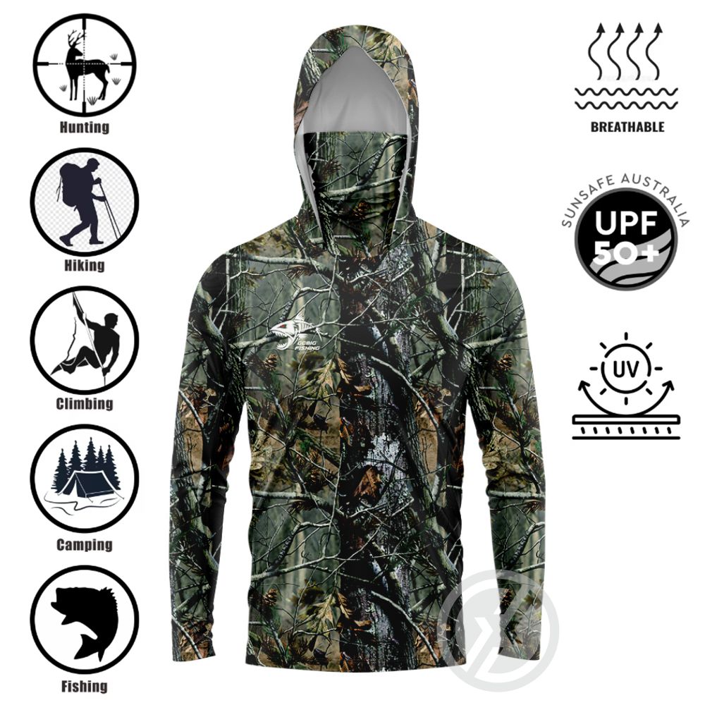 Summer Clothing Mens - เสื้อตกปลาแบบมีฮู้ด UPF50+ พร้อมผ้าคลุมหน้าในตัว ลายพิมพ์ 3D รูปปลาฉลาม