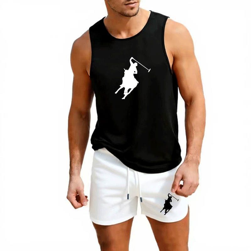 Summer Clothing Mens - ชุดเสื้อกั๊กและกางเกงขาสั้นฤดูร้อนสำหรับผู้ชายสไตล์ยุโรป ชุด 2 ชิ้น ชุดออกกำลังกายกลางแจ้ง ชุดกีฬาแฟชั่นลำลอง