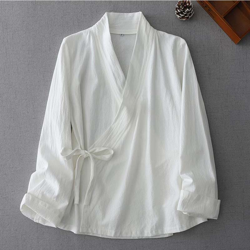 Summer Clothing Wraps - เสื้อคลุมกิโมโนผูกเอวสไตล์จีนสำหรับผู้หญิง เสื้อเชิ้ตผ้าฝ้ายสไตล์โบฮีเมียนสำหรับฤดูใบไม้ผลิและฤดูร้อน เสื้อคลุมคาร์ดิแกนสีดำขาว เสื้อผ้าสไตล์วินเทจ