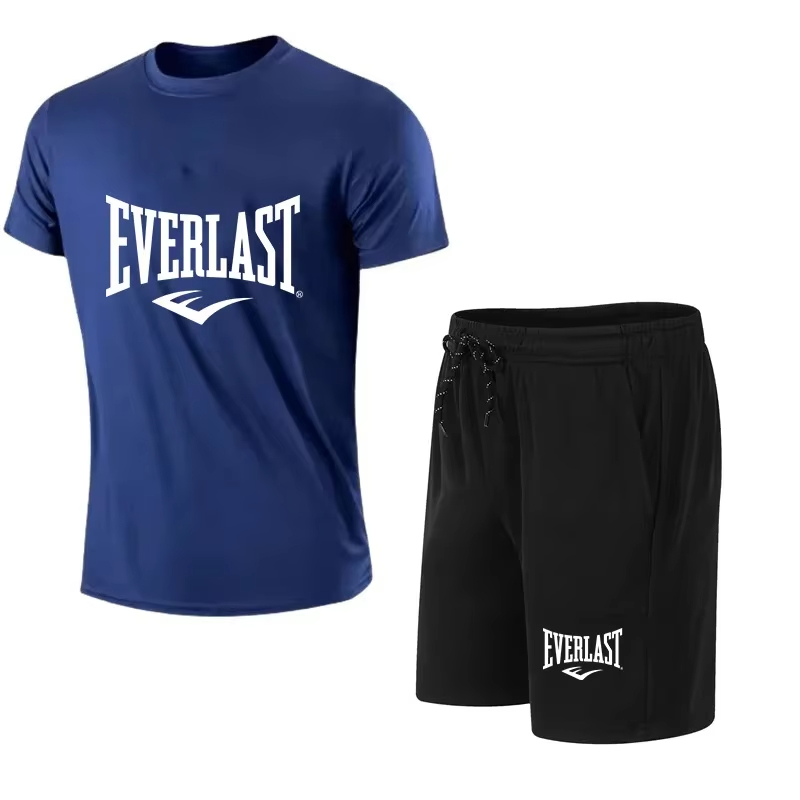 Summer Gym Clothing - EVERLAST เสื้อยืดผู้ชาย + กางเกงขาสั้น 2 ชิ้นชุดลำลองแขนสั้นกีฬาวิ่งออกกำลังกายยิมแบรนด์เสื้อผ้าพิมพ์ลาย