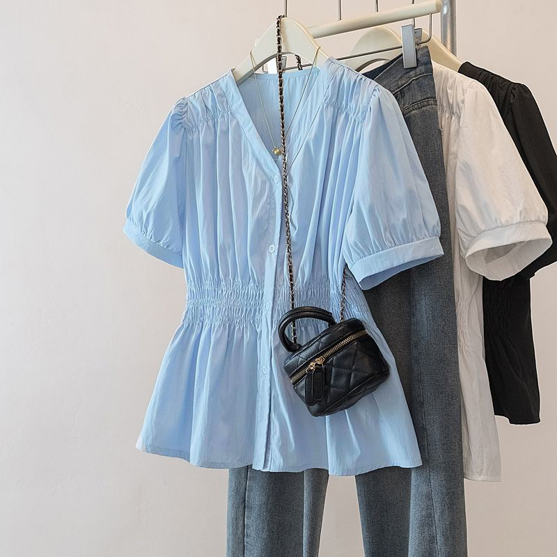 Summer Clothing Trends For Women - เสื้อเชิ้ตและเสื้อเบลาส์แฟชั่นสำหรับสาวออฟฟิศ ไซส์ใหญ่พิเศษ 200 ปอนด์ขึ้นไป เอวยางยืด สีพื้น