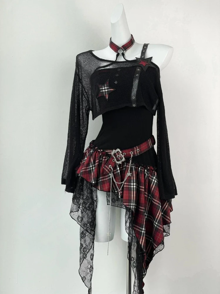 Summer Clothing For Girls - ฤดูร้อนอเมริกันRetro Gothic 2 ชิ้นชุดผู้หญิงY2kสีดําบางสั้นเสื้อ + Y2k