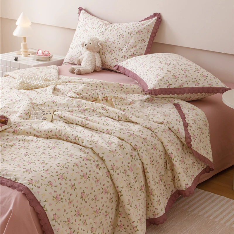 Summer Quilt - ผ้านวมฤดูร้อนสไตล์ฝรั่งเศส ผ้าห่มลายดอกไม้ ลูกไม้ ซักเครื่องได้ เหมาะสำหรับใช้ในบ้าน ให้ความเย็นสบาย