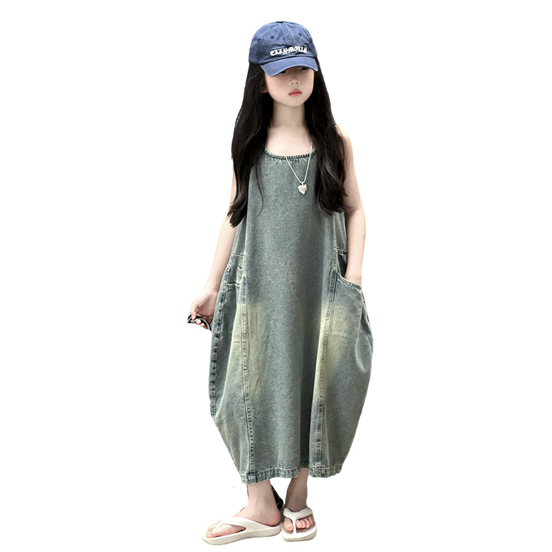 Summer Clothing For Girls - Vintage Blue เด็กหญิงคุณภาพสูงแขนกุด Denim ชุด Streetwear