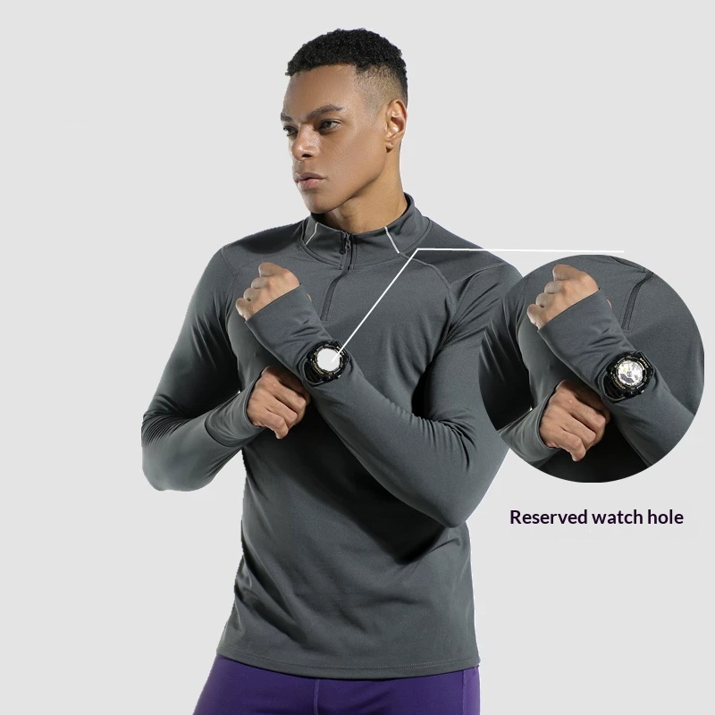 Summer Gym Clothing - เสื้อคอมเพรสชั่นผู้ชายแบบมีรูสำหรับนิ้วมือ คอสูง ซิปครึ่งตัว แห้งเร็ว ยืดหยุ่นสูง เหมาะสำหรับวิ่ง
