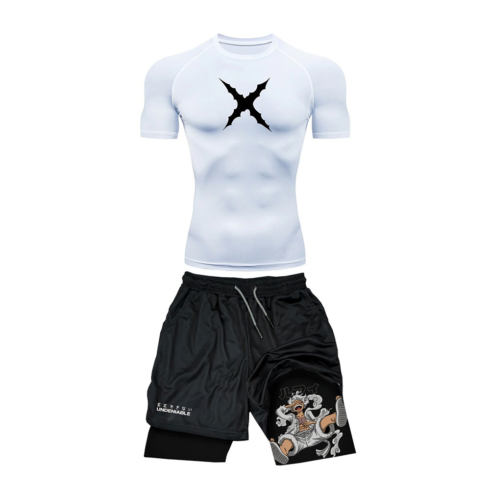 Summer Gym Clothing - ชุดเสื้อยืดแขนสั้นและกางเกงขาสั้นลายวันพีซ ลูฟี่ รุ่นใหม่สำหรับฤดูร้อน เหมาะสำหรับออกกำลังกาย ระบายอากาศได้ดี แห้งเร็ว