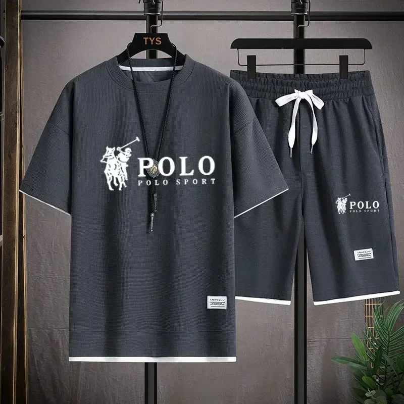 Summer Gym Clothing - ชุดเซ็ต 2 ชิ้น เสื้อยืดแขนสั้นและกางเกงขาสั้นลายวาฟเฟิลสำหรับผู้ชาย ฤดูร้อน ปี
